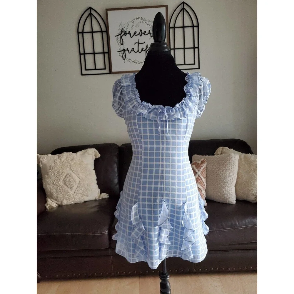 Likely Lula Ruffle Dress In Blue Plaid Women's Size 6 Boho Chic